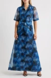 Julia Jordan Tie Belt Organza Maxi Cocktail Shirtdress In Blue