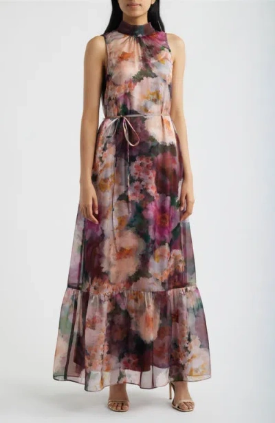 Julia Jordan Tie Neck Organza Dress In Burgundy