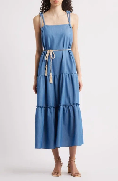 Julia Jordan Tie Strap Sleeveless Tiered Midi Dress In Blue