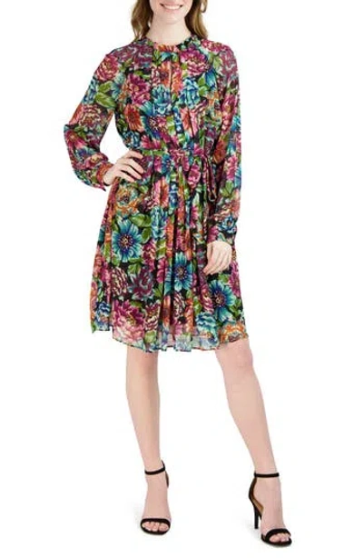 Julia Jordan Tie Waist Long Sleeve Chiffon Dress In Brown