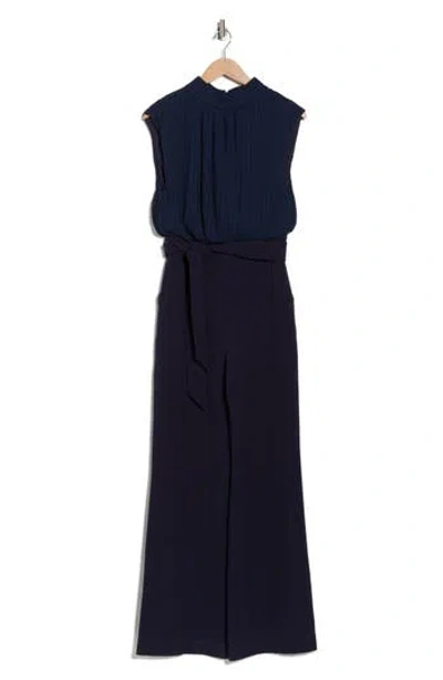 Julia Jordan Tie Waist Wide Leg Jumpsuit In Blue