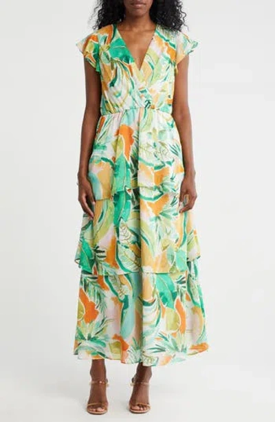 Julia Jordan Tiered Flutter Sleeve Dress In Green Multi