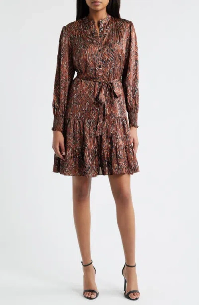 Julia Jordan Tiered Long Sleeve Tie Waist Button Front Satin Dress In Brown