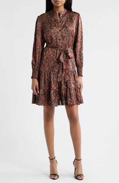 JULIA JORDAN JULIA JORDAN TIERED LONG SLEEVE TIE WAIST BUTTON FRONT SATIN DRESS