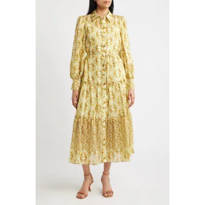 Julia Jordan Tile Print Long Sleeve Tiered Shirtdress In Gold