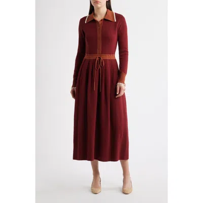 Julia Jordan Tipped Long Sleeve Drawstring Waist Sweater Dress In Burgundy