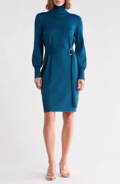 Julia Jordan Turtleneck Long Sleeve Belted Sweater Dress In Blue
