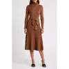 Julia Jordan Turtleneck Long Sleeve Rib Midi Sweater Dress In Caramel