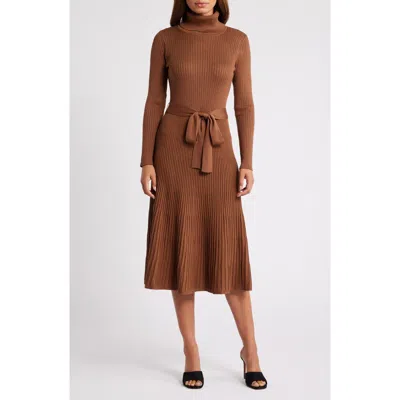Julia Jordan Turtleneck Long Sleeve Rib Midi Sweater Dress In Caramel