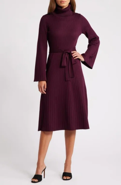 Julia Jordan Turtleneck Long Sleeve Rib Midi Sweater Dress In Wine