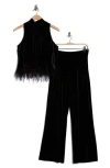 Julia Jordan Two-piece Feather Trim Velvet Top & Wide Leg Velvet Pant Set In Black