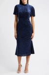Julia Jordan Velvet Burnout Short Sleeve Midi Dress In Blue