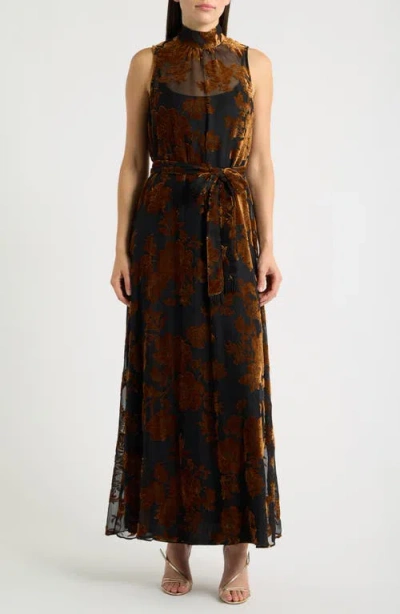 Julia Jordan Velvet Burnout Sleeveless Maxi Dress In Brown