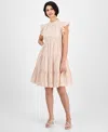 Julia Jordan Embroidered Ruffle Sleeve Cotton Dress In Beige,ivor