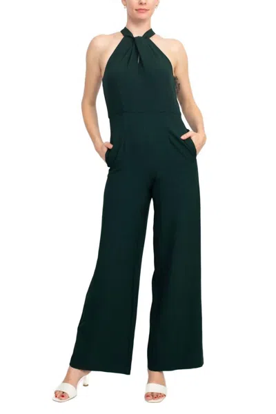 Julia Jordan Women's Crossed Neck Keyhole Racerback Solid Crepe Jumpsuit In Hunter In Green