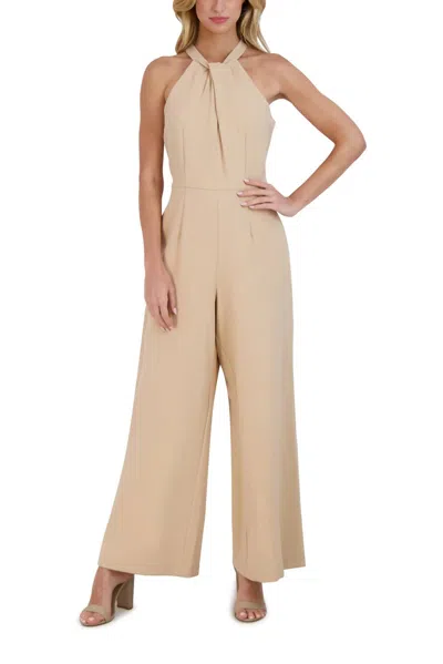 Julia Jordan Women's Crossed Neck Keyhole Racerback Solid Crepe Jumpsuit In Latte In Brown