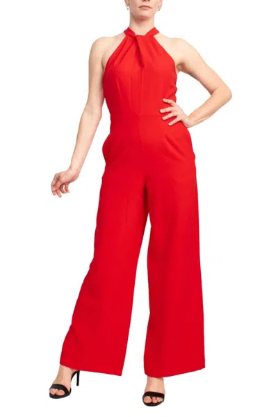 Julia Jordan Women's Crossed Neck Keyhole Racerback Solid Crepe Jumpsuit In Red