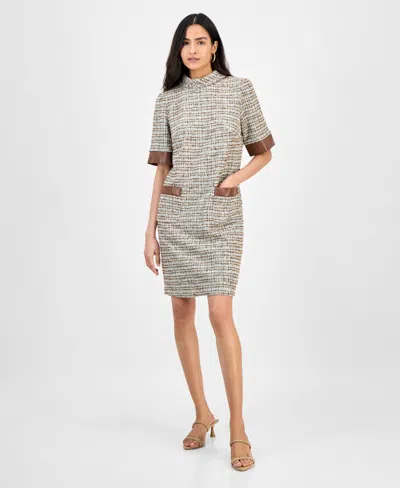 JULIA JORDAN WOMEN'S FAUX-LEATHER-TRIM TWEED SHIFT DRESS