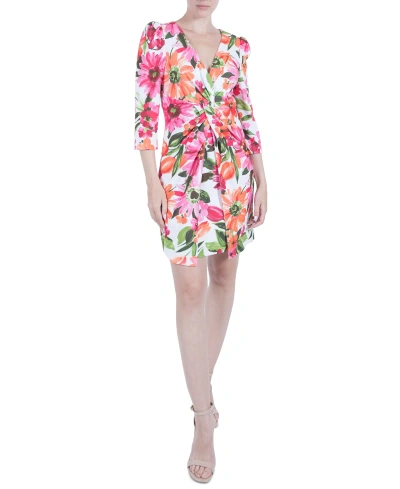 Julia Jordan Women's Floral-print 3/4-sleeve Twist-front Sheath Dress In Ivory,multi