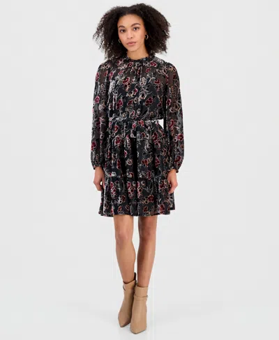 Julia Jordan Women's Floral Tie-waist Long-sleeve Mini Dress In Black