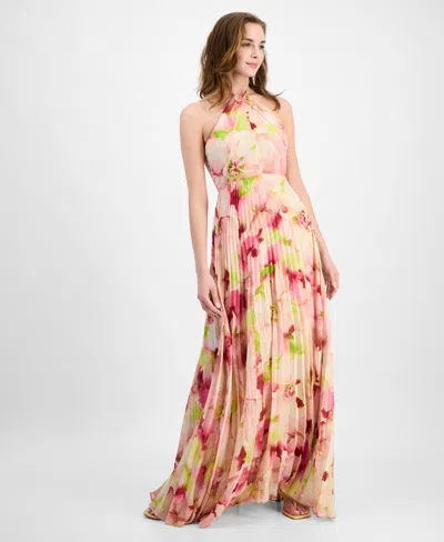 Julia Jordan Women's Pleated Floral Print Halter Maxi Dress In Pink Multi