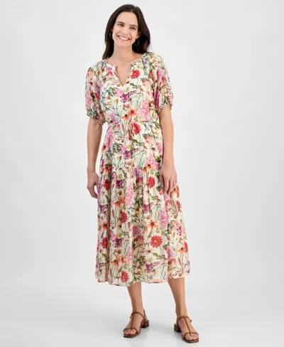 Julia Jordan Women's Printed Short-bubble-sleeve Midi Dress In White
