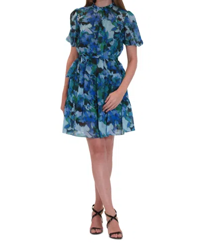 Julia Jordan Women's Printed Short-puff-sleeve Chiffon Dress In Blue Multi