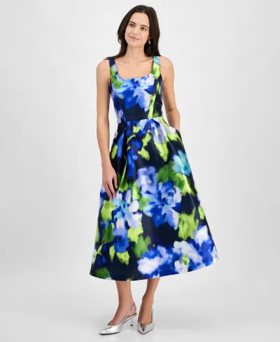 Julia Jordan Women's Printed Square-neck Sleeveless Midi Dress In Navy Multi