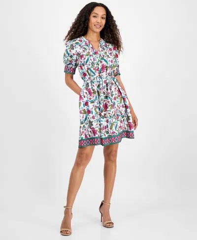 Julia Jordan Women's Printed Tie-neck Short-puff-sleeve Dresss