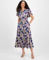 Julia Jordan Orchid Print Flutter Sleeve Satin Dress