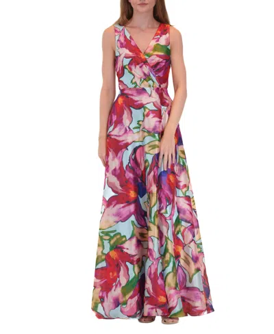 Julia Jordan Women's Printed V-neck Sleeveless Organza Gown In Pink Multi