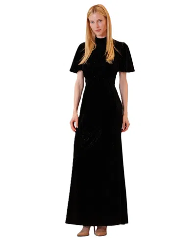 Julia Jordan Women's Short-sleeve Velvet Long Dress With Ruched Waist In Black