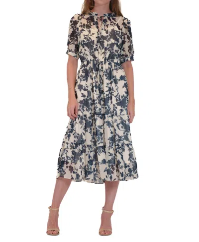 Julia Jordan Women's Tie-neck Short Sleeve Tiered Chiffon Dress In Navy Ivory