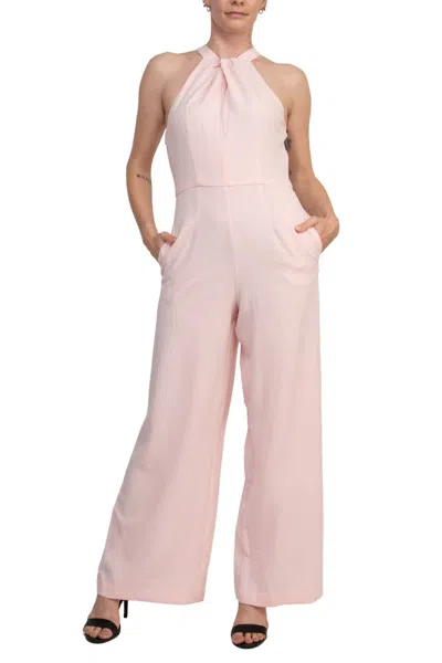 Julia Jordan Women's Twist Halter Neck Cutaway Shoulders Pocketed Wide Leg Jumpsuit In Blossom In Pink
