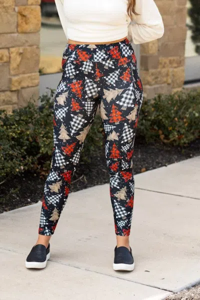 Julia Rose Christmas Tree Plaid & Leopard Print Leggings In Black