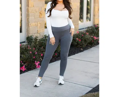 Julia Rose Fleece Full Length Leggings With Pockets In Charcoal In Pink