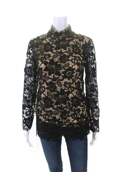 Julian Chang Womens Floral Print Lace Layered Mock Neck Blouse Top Black