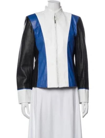Pre-owned Juliana Collezione Leather Colorblock Pattern Bomber Jacket In Blue