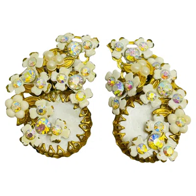 Pre-owned Juliana Vintage Gold Enamel Rhinestone Flower Designer Clip On Earrings In Multi