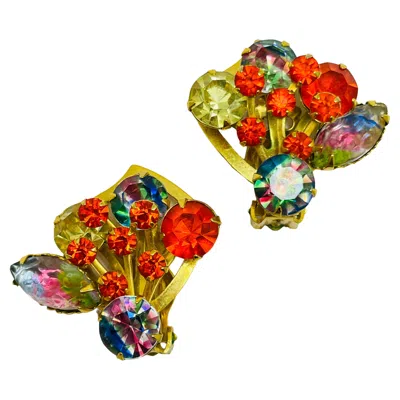 Pre-owned Juliana Vintage Gold Leaf Orange Watermelon Glass Designer Runway Clip On Earrings