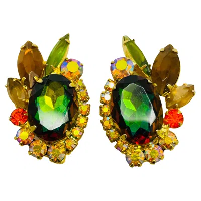 Pre-owned Juliana Vintage  Delizza Elster Gold Navette Glass Designer Clip On Earrings In Multi