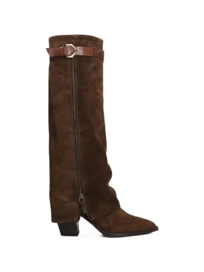 Julie Dee Buckle-detail Suede Boots In Brown