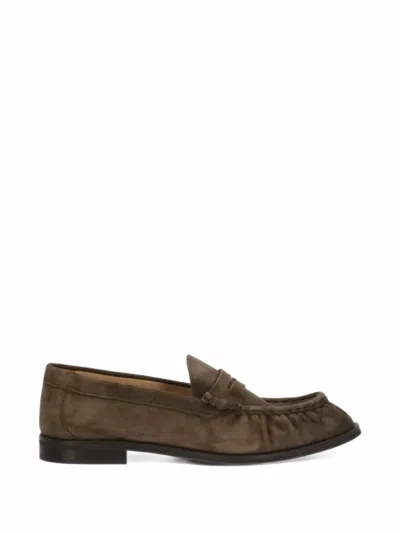 Julie Dee Gathered Suede Loafers In Brown