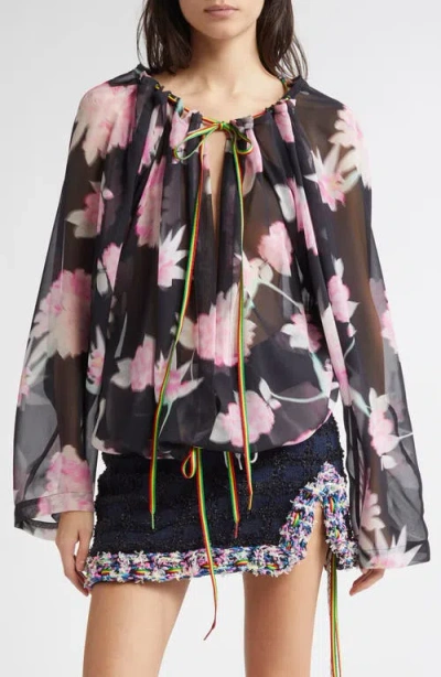 Julie Kegels Tash Floral Silk Off The Shoulder Top In Black