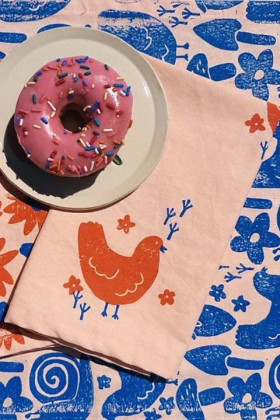 Julie Peach Block Printed Chickens Napkins In Pink At Urban Outfitters