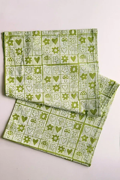 Julie Peach Block Printed Garden Squares Table Runner In Olive At Urban Outfitters In Multi
