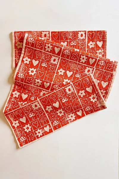 Julie Peach Block Printed Garden Squares Table Runner In Pink At Urban Outfitters In Multi