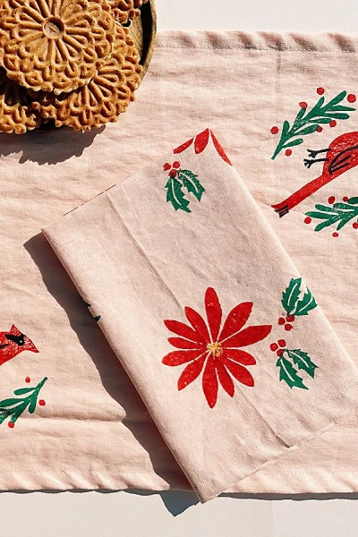 Julie Peach Block Printed Poinsettia Napkin Set In Pink At Urban Outfitters