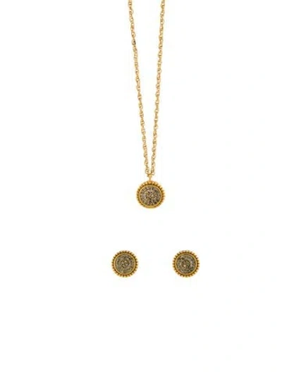Pre-owned Julie Vos Crystal Fleur-de-lis Solitaire Stud Earrings /pendant Necklace In Multi
