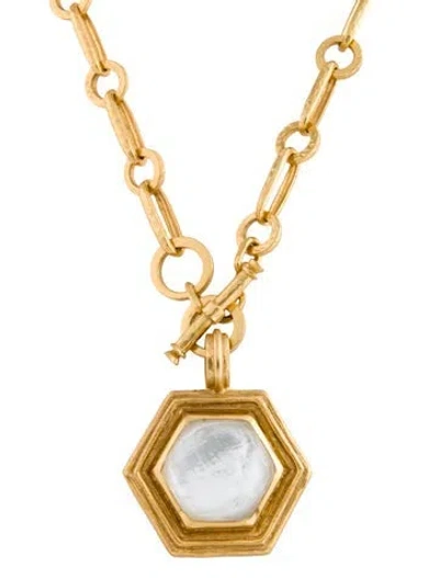 Pre-owned Julie Vos Mother Of Pearl & Glass Palladio Statement Pendant Necklace, 19" In Clear/white